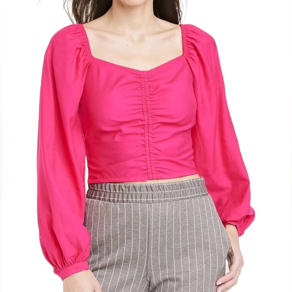 A New Day Women's Long‎ Balloon Sleeve Ruched Front Top Pink Size XL
